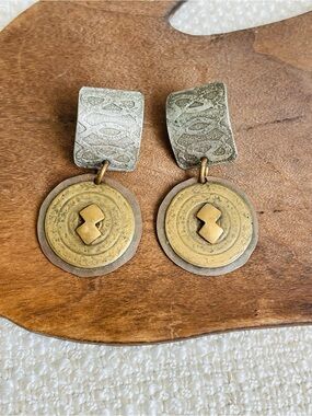 Marjorie Baer Vintage Artisan Brass Silver Tone Dangle Pierced Earrings 1.5" L
